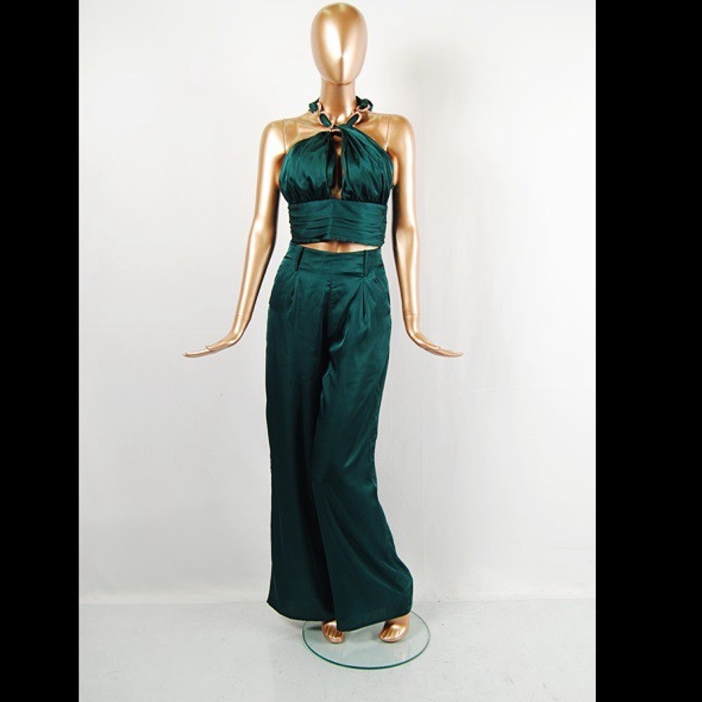 Satin wrinkle top with necklace and wide leg pant set.